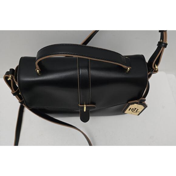 Lauren Ralph Lauren Raquel Medium Messenger Bag Leather Black Tan Trim $249 - Picture 4 of 14
